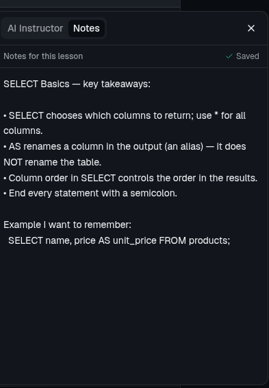 The notes panel showing saved personal notes for the SELECT Basics lesson